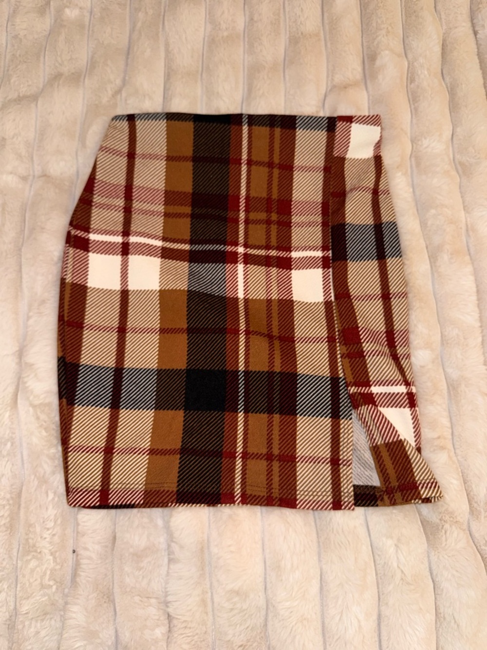 Fashion Nova Plaid Mini Skirt in Brown, Cream & Black